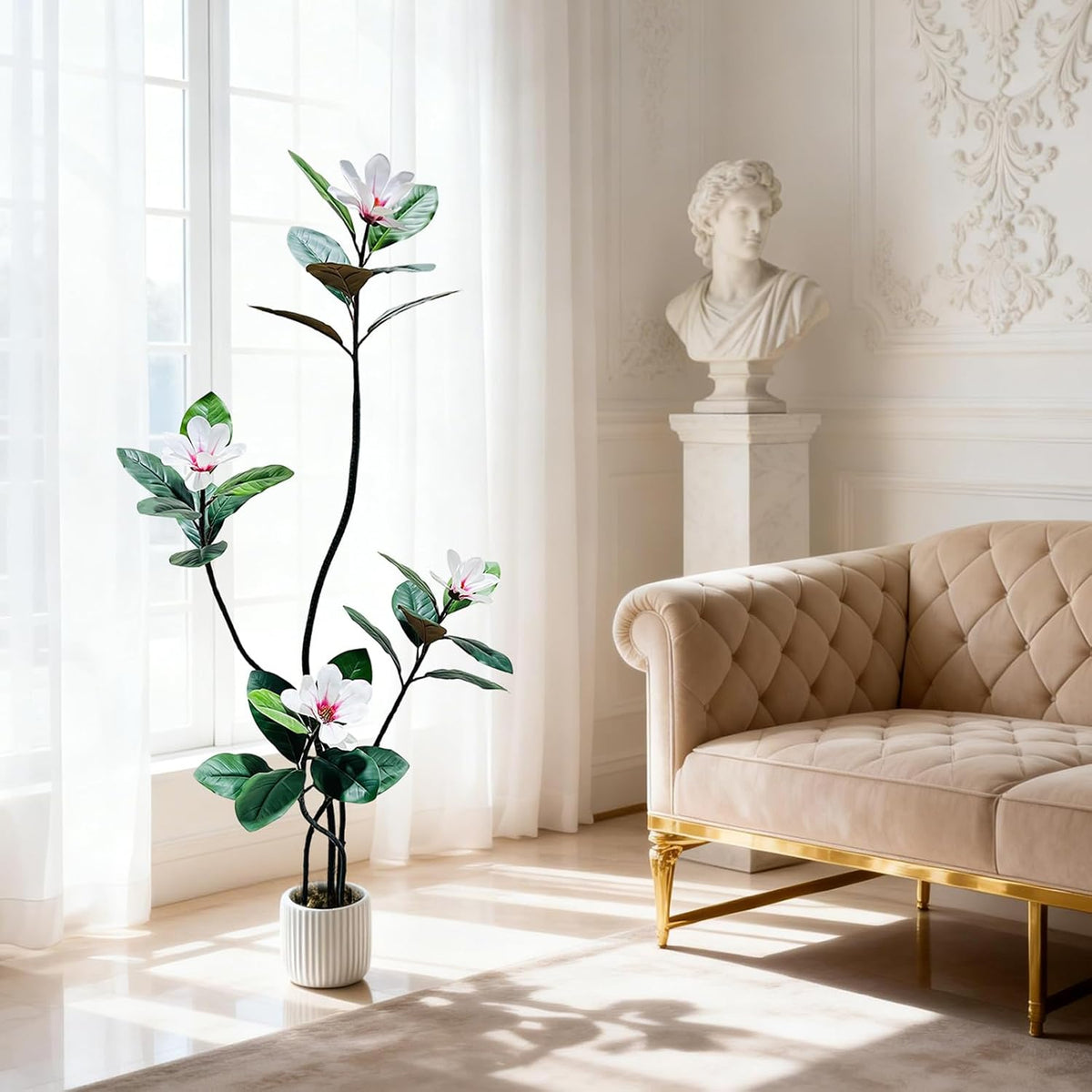 5FT Tall Lifelike Artificial Magnolia Tree with 7 Pcs Magnolia Flowers in White Planter Pot, Rubber Tree Faux Plants Indoor Artificial Plants & Flowers for Home Office Living Room Decor