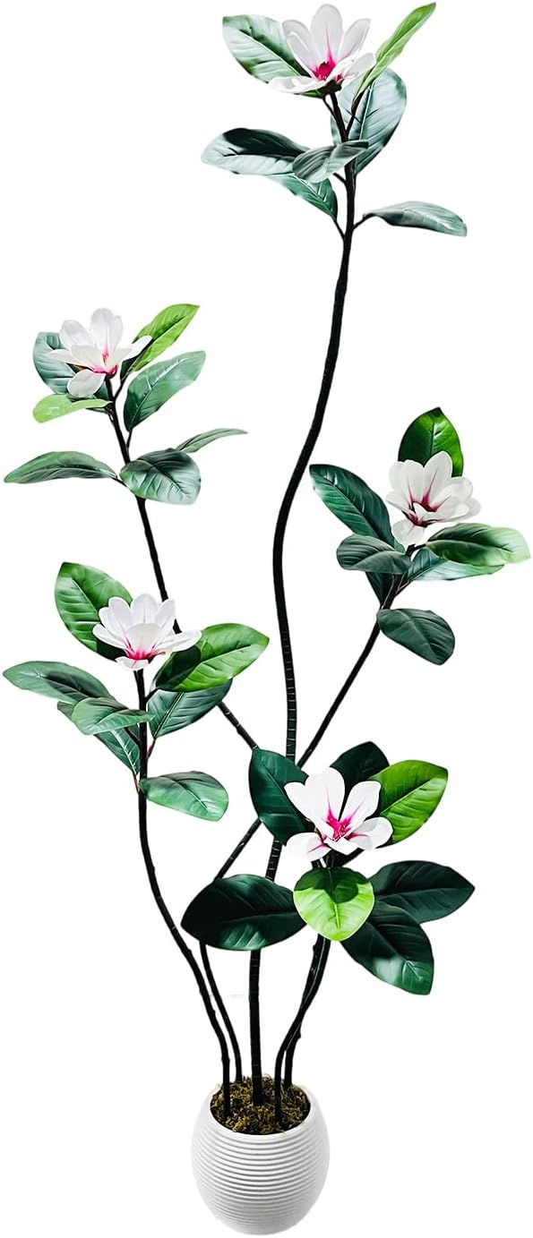 5FT Tall Lifelike Artificial Magnolia Tree with 7 Pcs Magnolia Flowers in White Planter Pot, Rubber Tree Faux Plants Indoor Artificial Plants & Flowers for Home Office Living Room Decor