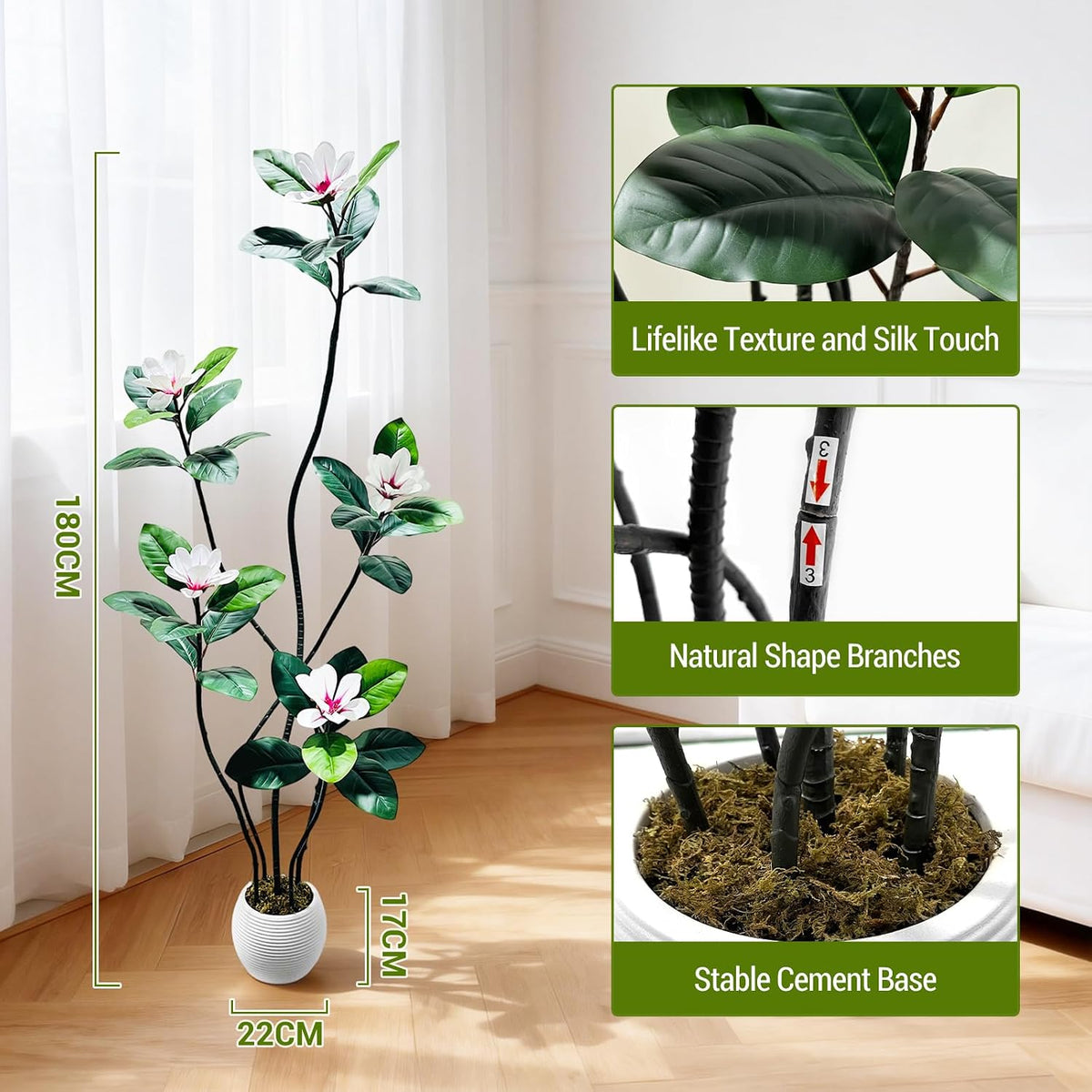 5FT Tall Lifelike Artificial Magnolia Tree with 7 Pcs Magnolia Flowers in White Planter Pot, Rubber Tree Faux Plants Indoor Artificial Plants & Flowers for Home Office Living Room Decor