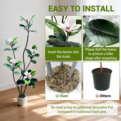 5FT Tall Lifelike Artificial Magnolia Tree with 7 Pcs Magnolia Flowers in White Planter Pot, Rubber Tree Faux Plants Indoor Artificial Plants & Flowers for Home Office Living Room Decor