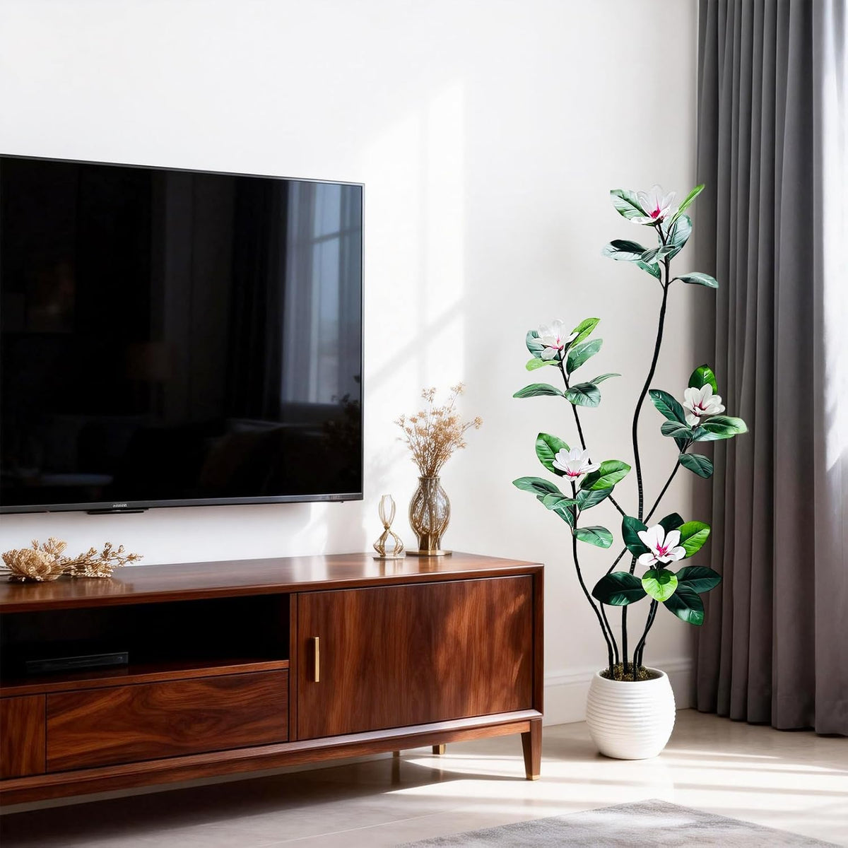 5FT Tall Lifelike Artificial Magnolia Tree with 7 Pcs Magnolia Flowers in White Planter Pot, Rubber Tree Faux Plants Indoor Artificial Plants & Flowers for Home Office Living Room Decor