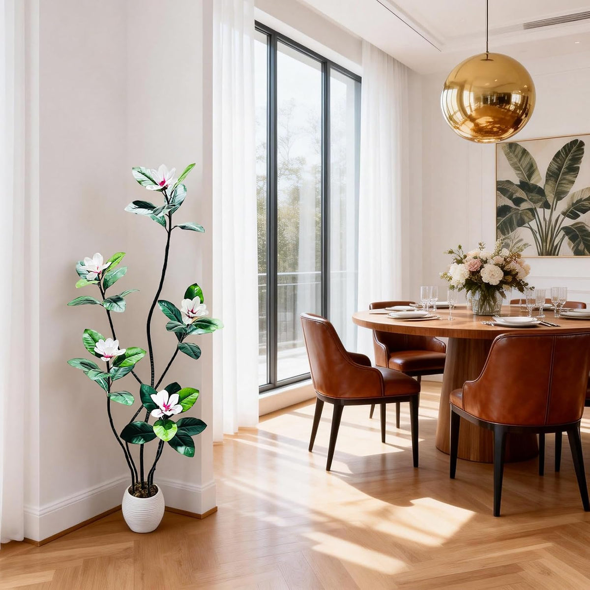 5FT Tall Lifelike Artificial Magnolia Tree with 7 Pcs Magnolia Flowers in White Planter Pot, Rubber Tree Faux Plants Indoor Artificial Plants & Flowers for Home Office Living Room Decor