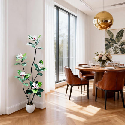 5FT Tall Lifelike Artificial Magnolia Tree with 7 Pcs Magnolia Flowers in White Planter Pot, Rubber Tree Faux Plants Indoor Artificial Plants & Flowers for Home Office Living Room Decor