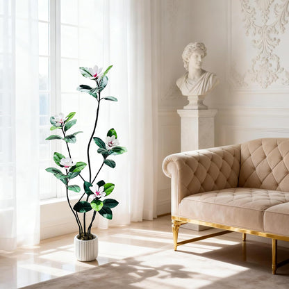 5FT Tall Lifelike Artificial Magnolia Tree with 7 Pcs Magnolia Flowers in White Planter Pot, Rubber Tree Faux Plants Indoor Artificial Plants & Flowers for Home Office Living Room Decor
