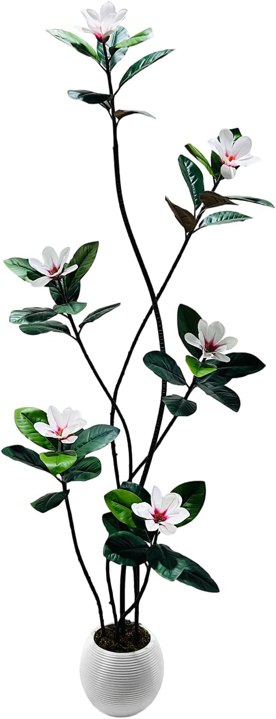 5FT Tall Lifelike Artificial Magnolia Tree with 7 Pcs Magnolia Flowers in White Planter Pot, Rubber Tree Faux Plants Indoor Artificial Plants & Flowers for Home Office Living Room Decor