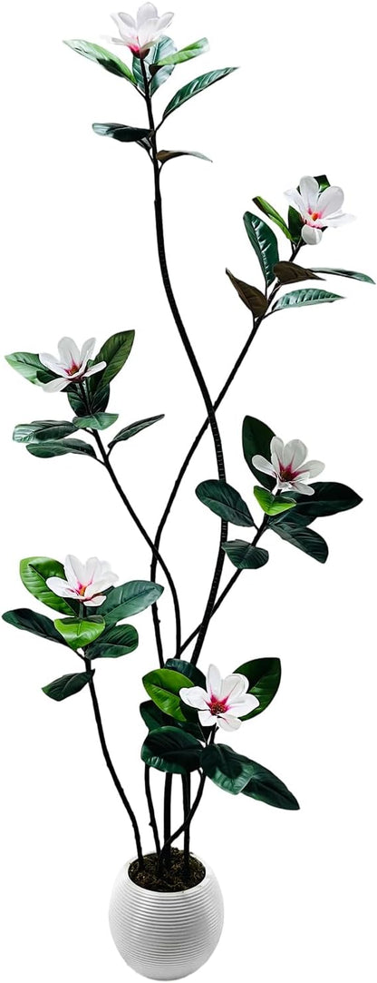 5FT Tall Lifelike Artificial Magnolia Tree with 7 Pcs Magnolia Flowers in White Planter Pot, Rubber Tree Faux Plants Indoor Artificial Plants & Flowers for Home Office Living Room Decor