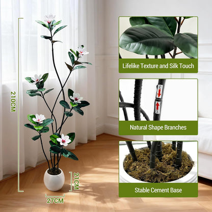 5FT Tall Lifelike Artificial Magnolia Tree with 7 Pcs Magnolia Flowers in White Planter Pot, Rubber Tree Faux Plants Indoor Artificial Plants & Flowers for Home Office Living Room Decor