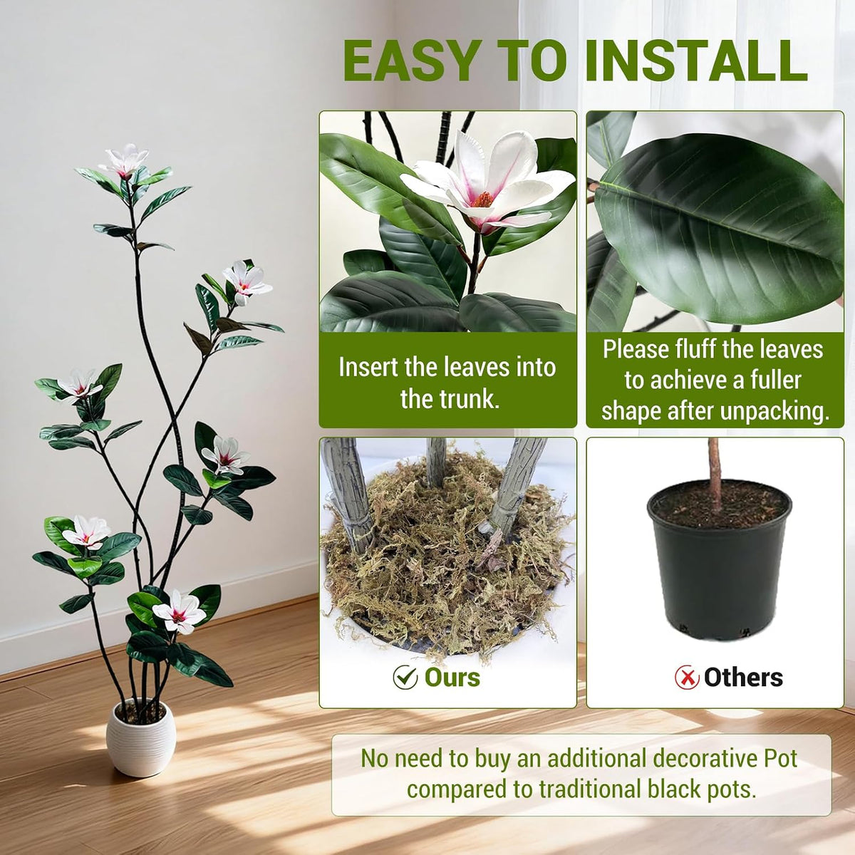 5FT Tall Lifelike Artificial Magnolia Tree with 7 Pcs Magnolia Flowers in White Planter Pot, Rubber Tree Faux Plants Indoor Artificial Plants & Flowers for Home Office Living Room Decor