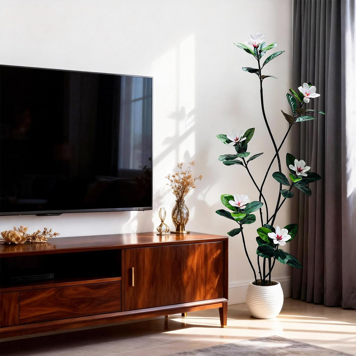 5FT Tall Lifelike Artificial Magnolia Tree with 7 Pcs Magnolia Flowers in White Planter Pot, Rubber Tree Faux Plants Indoor Artificial Plants & Flowers for Home Office Living Room Decor