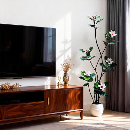 5FT Tall Lifelike Artificial Magnolia Tree with 7 Pcs Magnolia Flowers in White Planter Pot, Rubber Tree Faux Plants Indoor Artificial Plants & Flowers for Home Office Living Room Decor