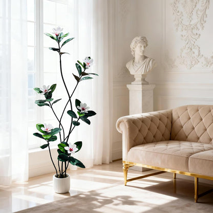 5FT Tall Lifelike Artificial Magnolia Tree with 7 Pcs Magnolia Flowers in White Planter Pot, Rubber Tree Faux Plants Indoor Artificial Plants & Flowers for Home Office Living Room Decor