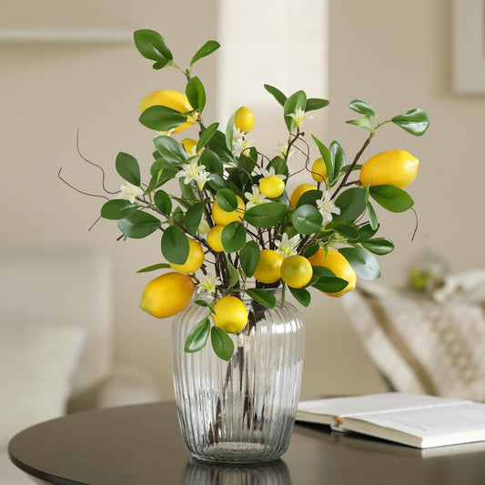 Artificial Lemons Branches, 8 Head Faux Lemons with Stem Fake Lemon Themed for Kitchen Decoration Party Farmhouse Decor (Yellow)