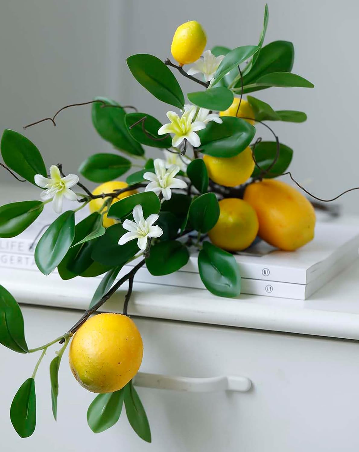 Artificial Lemons Branches, 8 Head Faux Lemons with Stem Fake Lemon Themed for Kitchen Decoration Party Farmhouse Decor (Yellow)