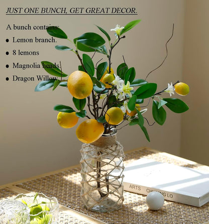 Artificial Lemons Branches, 8 Head Faux Lemons with Stem Fake Lemon Themed for Kitchen Decoration Party Farmhouse Decor (Yellow)