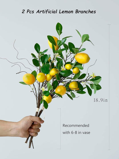 Artificial Lemons Branches, 8 Head Faux Lemons with Stem Fake Lemon Themed for Kitchen Decoration Party Farmhouse Decor (Yellow)