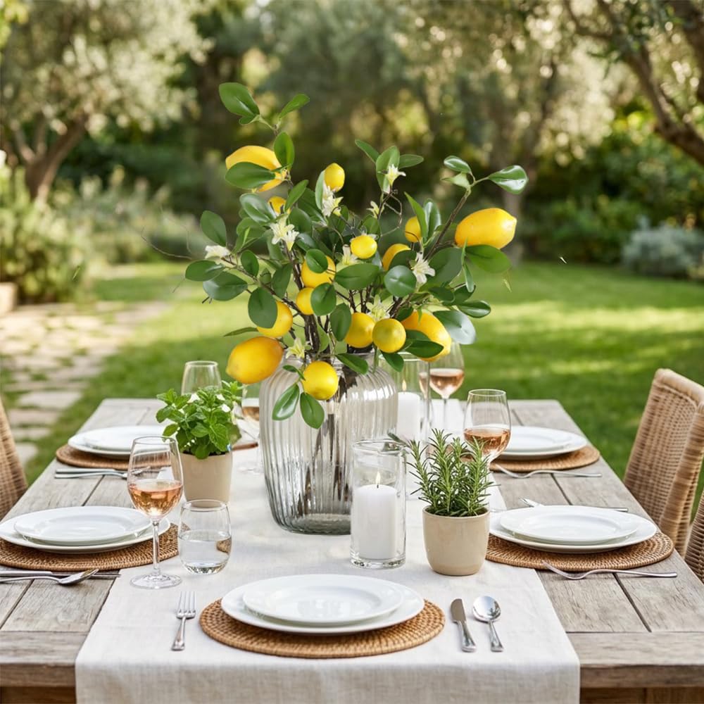 Artificial Lemons Branches, 8 Head Faux Lemons with Stem Fake Lemon Themed for Kitchen Decoration Party Farmhouse Decor (Yellow)