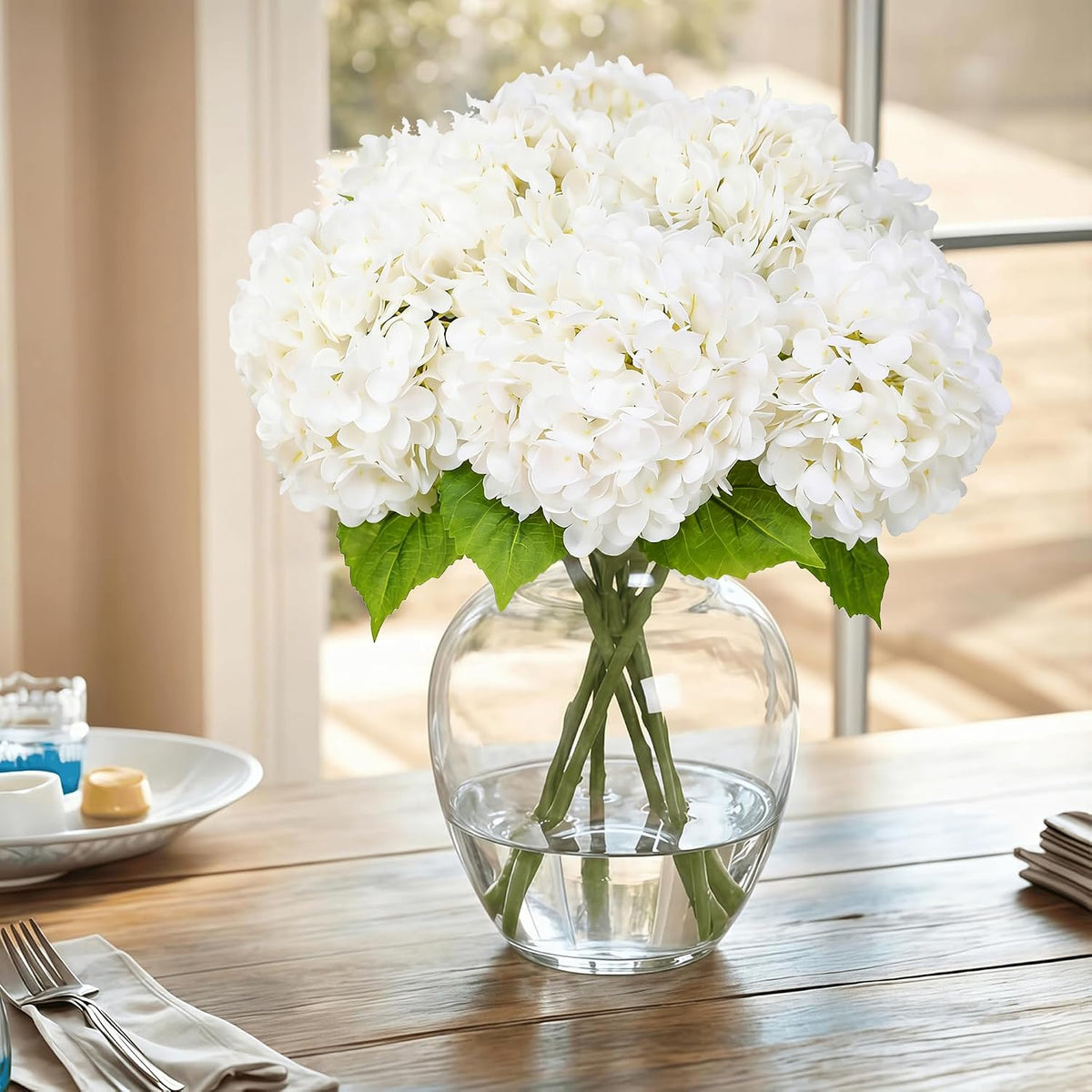 Light Green Hydrangea Artificial Flowers, Faux Hydrangea, 3Pcs