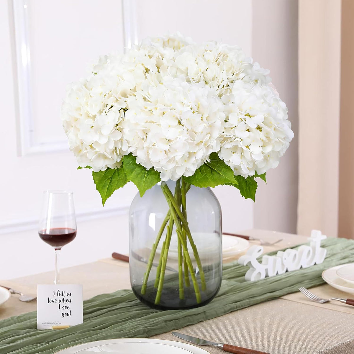 Light Green Hydrangea Artificial Flowers, Faux Hydrangea, 3Pcs