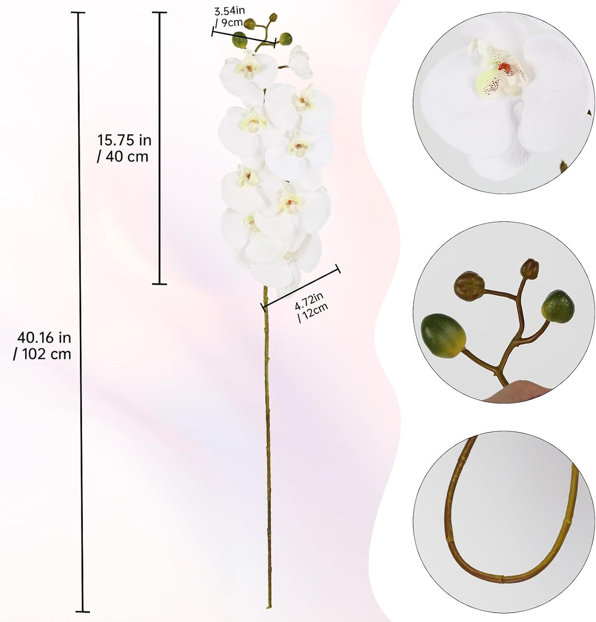 40.16" White Orchid Artificial Flowers 5PCS Fake Orchid Long Stems Phalaenopsis Branches Real Touch Silk Orchids for Vase for Bridal Shower Home Party Wedding Decoration (White)