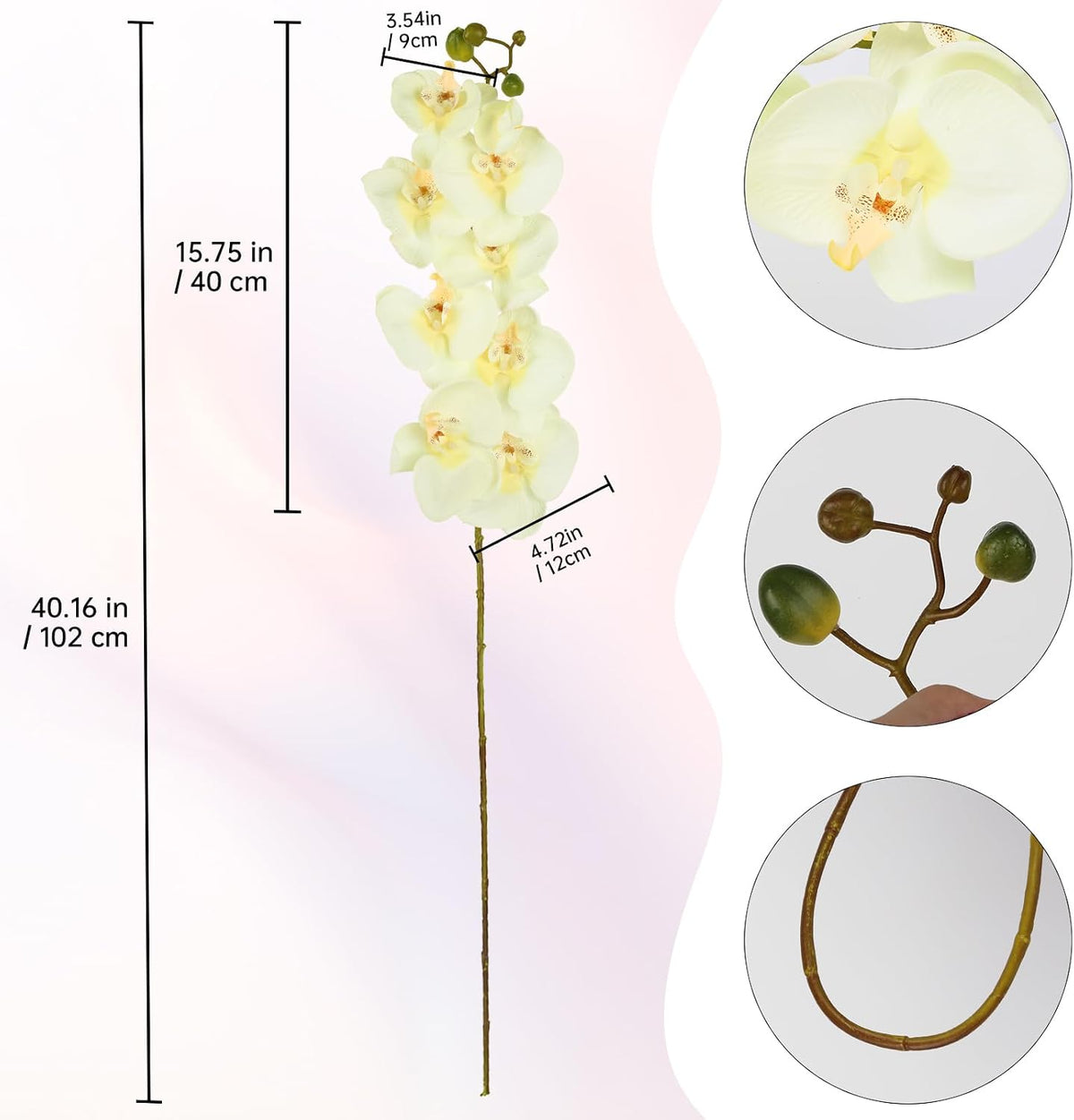 40.16" White Orchid Artificial Flowers 5PCS Fake Orchid Long Stems Phalaenopsis Branches Real Touch Silk Orchids for Vase for Bridal Shower Home Party Wedding Decoration (White)