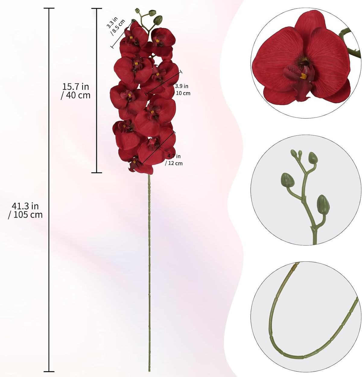 40.16" White Orchid Artificial Flowers 5PCS Fake Orchid Long Stems Phalaenopsis Branches Real Touch Silk Orchids for Vase for Bridal Shower Home Party Wedding Decoration (White)