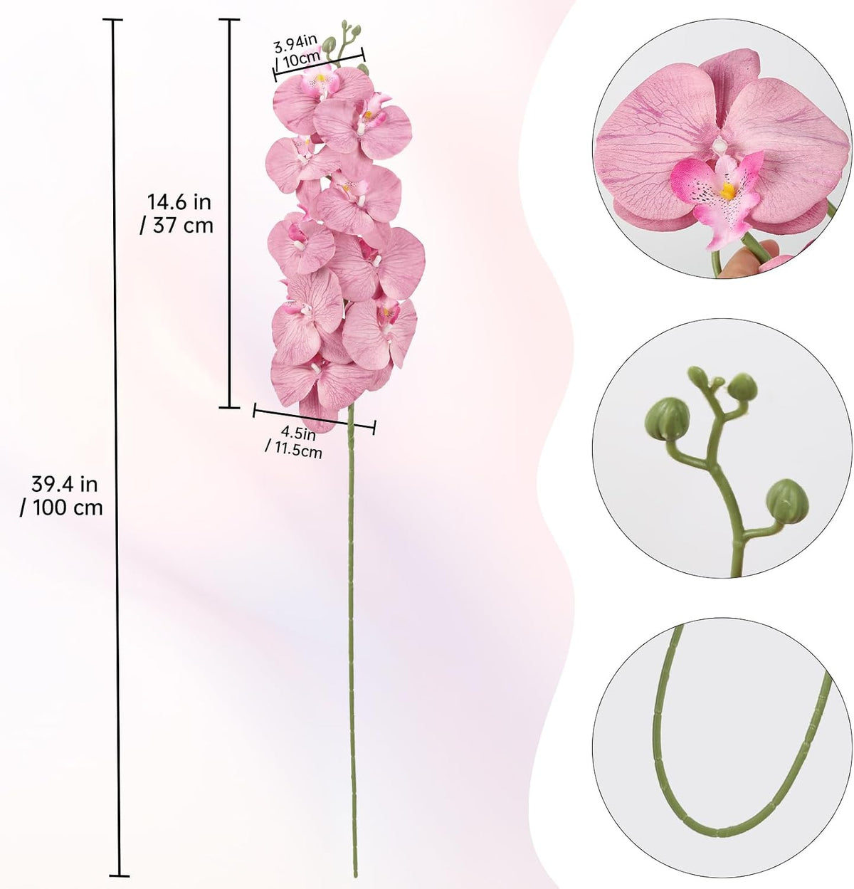 40.16" White Orchid Artificial Flowers 5PCS Fake Orchid Long Stems Phalaenopsis Branches Real Touch Silk Orchids for Vase for Bridal Shower Home Party Wedding Decoration (White)