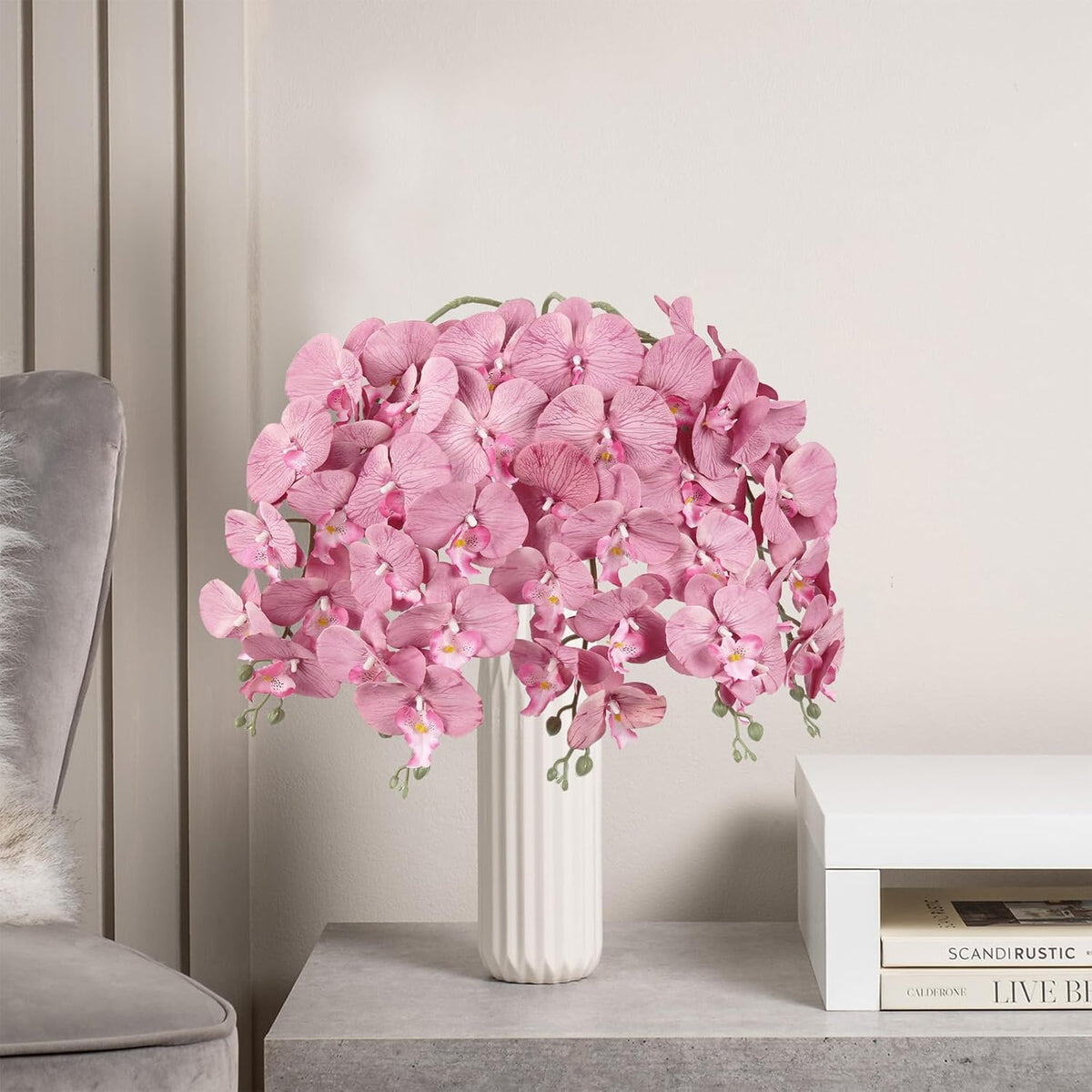 40.16" White Orchid Artificial Flowers 5PCS Fake Orchid Long Stems Phalaenopsis Branches Real Touch Silk Orchids for Vase for Bridal Shower Home Party Wedding Decoration (White)