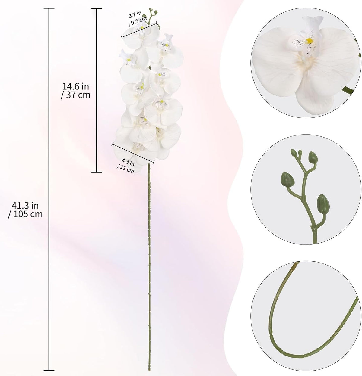 40.16" White Orchid Artificial Flowers 5PCS Fake Orchid Long Stems Phalaenopsis Branches Real Touch Silk Orchids for Vase for Bridal Shower Home Party Wedding Decoration (White)