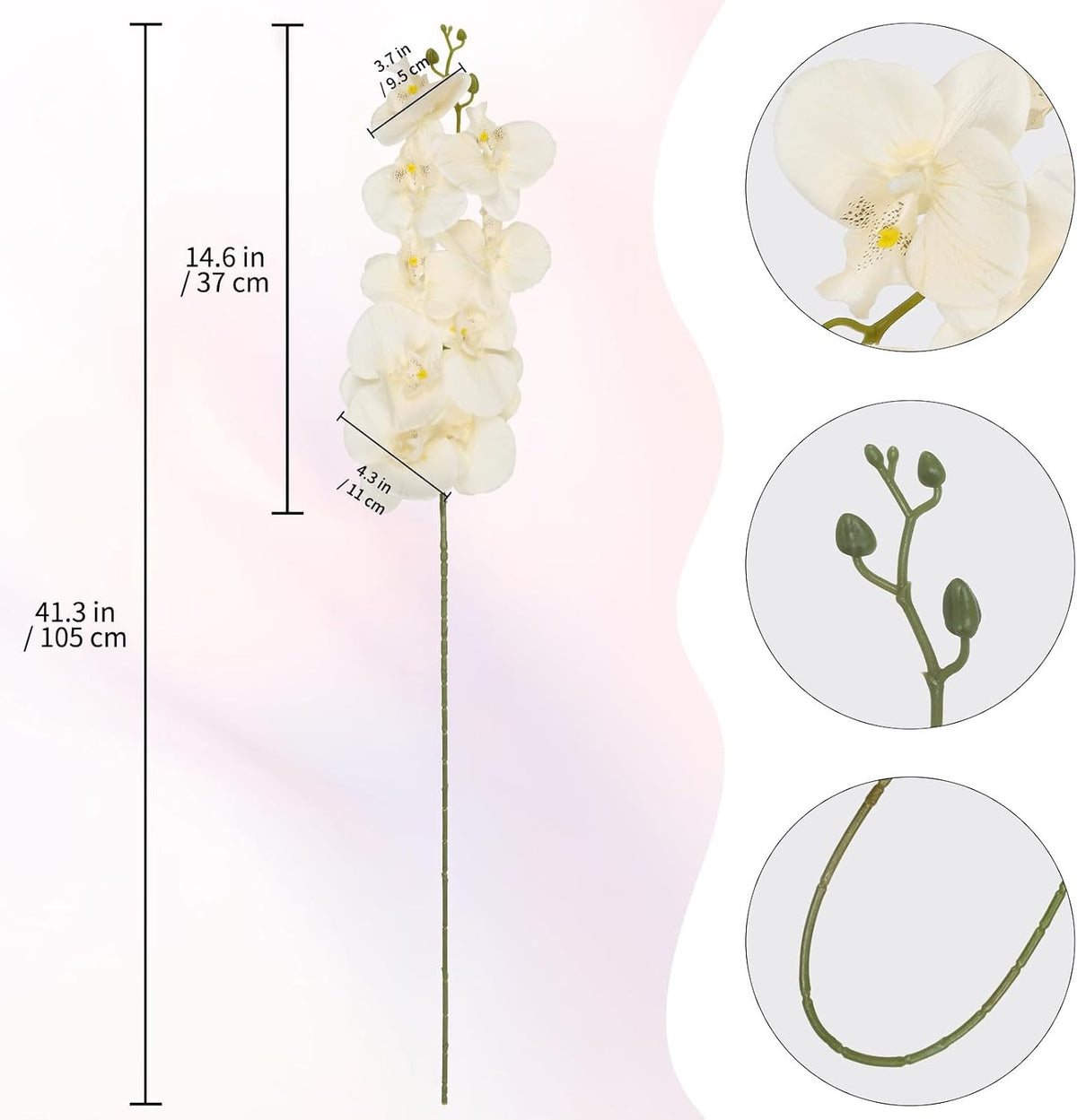 40.16" White Orchid Artificial Flowers 5PCS Fake Orchid Long Stems Phalaenopsis Branches Real Touch Silk Orchids for Vase for Bridal Shower Home Party Wedding Decoration (White)