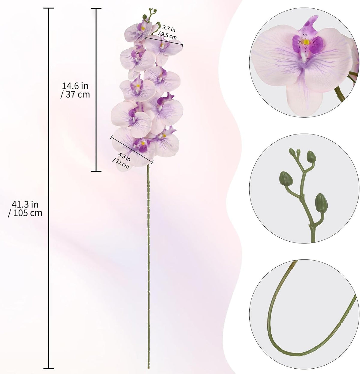40.16" White Orchid Artificial Flowers 5PCS Fake Orchid Long Stems Phalaenopsis Branches Real Touch Silk Orchids for Vase for Bridal Shower Home Party Wedding Decoration (White)