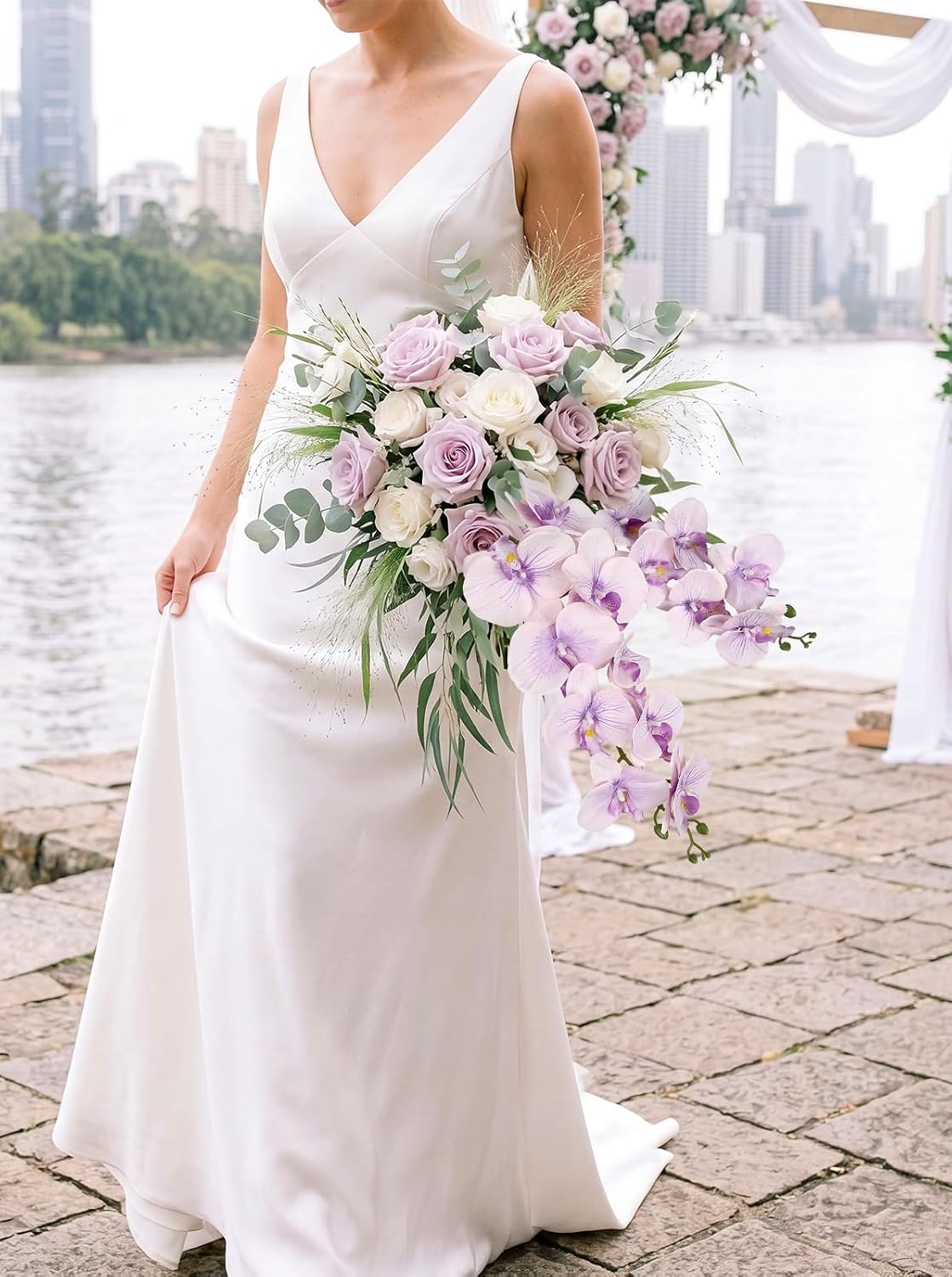40.16" White Orchid Artificial Flowers 5PCS Fake Orchid Long Stems Phalaenopsis Branches Real Touch Silk Orchids for Vase for Bridal Shower Home Party Wedding Decoration (White)