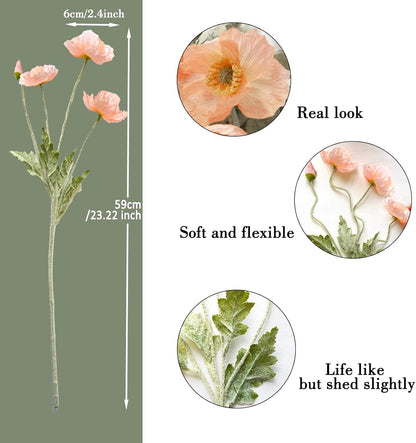 Artificial Flowers 5Pcs Poppies Flowers Artificial Silk Flowers for Home Office Wedding Outdoor Decor (Orange)