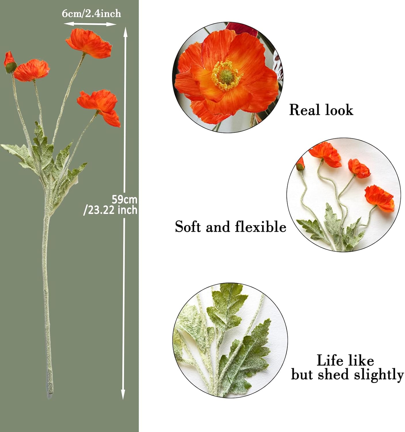 Artificial Flowers 5Pcs Poppies Flowers Artificial Silk Flowers for Home Office Wedding Outdoor Decor (Orange)