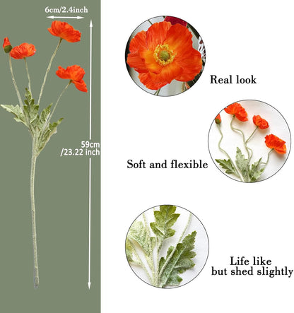 Artificial Flowers 5Pcs Poppies Flowers Artificial Silk Flowers for Home Office Wedding Outdoor Decor (Orange)