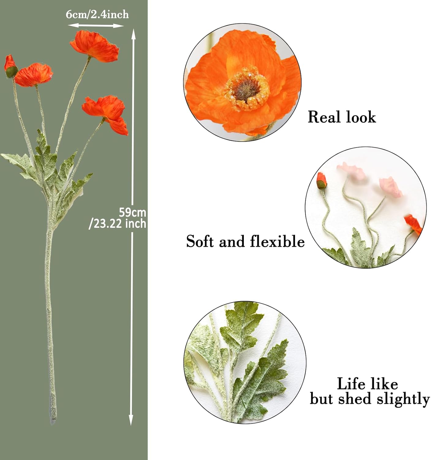 Artificial Flowers 5Pcs Poppies Flowers Artificial Silk Flowers for Home Office Wedding Outdoor Decor (Orange)