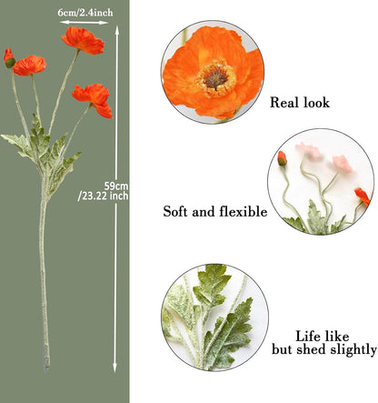 Artificial Flowers 5Pcs Poppies Flowers Artificial Silk Flowers for Home Office Wedding Outdoor Decor (Orange)