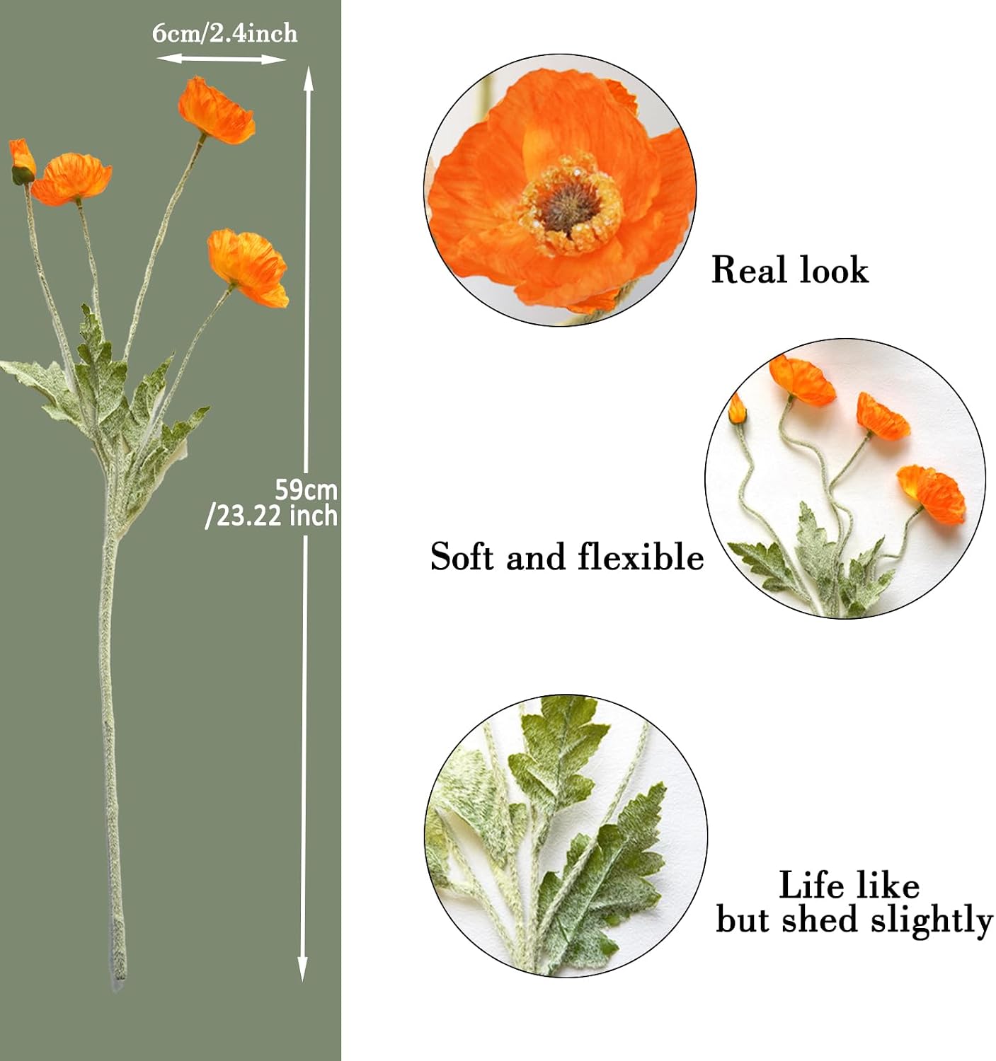 Artificial Flowers 5Pcs Poppies Flowers Artificial Silk Flowers for Home Office Wedding Outdoor Decor (Orange)