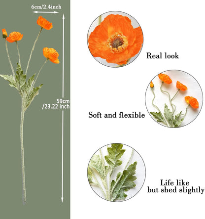 Artificial Flowers 5Pcs Poppies Flowers Artificial Silk Flowers for Home Office Wedding Outdoor Decor (Orange)