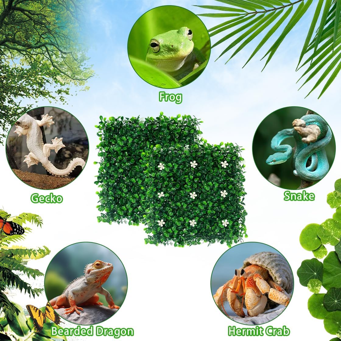 2pcs Hermit Crab Climbing Toys, 10x10 Inch Faux Grass Mat Reptile Plants Artificial Boxwood Panels Reptile Tank Accessories for Bearded Dragon Lizard Terrarium Decor (Green)