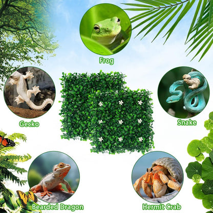 2pcs Hermit Crab Climbing Toys, 10x10 Inch Faux Grass Mat Reptile Plants Artificial Boxwood Panels Reptile Tank Accessories for Bearded Dragon Lizard Terrarium Decor (Green)