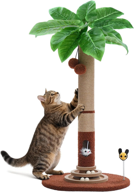 35" Tall Cat Scratching Post with Sisal Rope, Interactive Hanging Balls, Toy Mouse and Two-Layer Ball Track Cat Toys, Palm Tree Cat Scratcher Tower for Indoor Cats and Kittens
