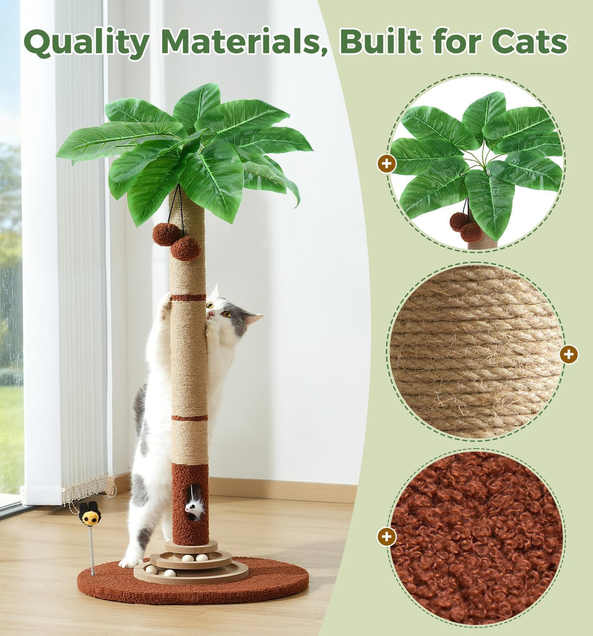 35" Tall Cat Scratching Post with Sisal Rope, Interactive Hanging Balls, Toy Mouse and Two-Layer Ball Track Cat Toys, Palm Tree Cat Scratcher Tower for Indoor Cats and Kittens