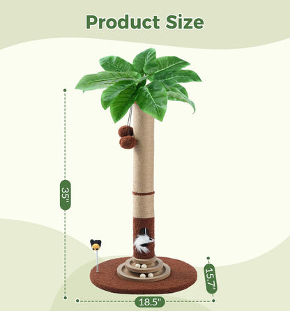 35" Tall Cat Scratching Post with Sisal Rope, Interactive Hanging Balls, Toy Mouse and Two-Layer Ball Track Cat Toys, Palm Tree Cat Scratcher Tower for Indoor Cats and Kittens
