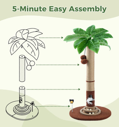 35" Tall Cat Scratching Post with Sisal Rope, Interactive Hanging Balls, Toy Mouse and Two-Layer Ball Track Cat Toys, Palm Tree Cat Scratcher Tower for Indoor Cats and Kittens