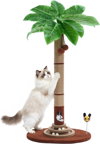 35" Tall Cat Scratching Post with Sisal Rope, Interactive Hanging Balls, Toy Mouse and Two-Layer Ball Track Cat Toys, Palm Tree Cat Scratcher Tower for Indoor Cats and Kittens
