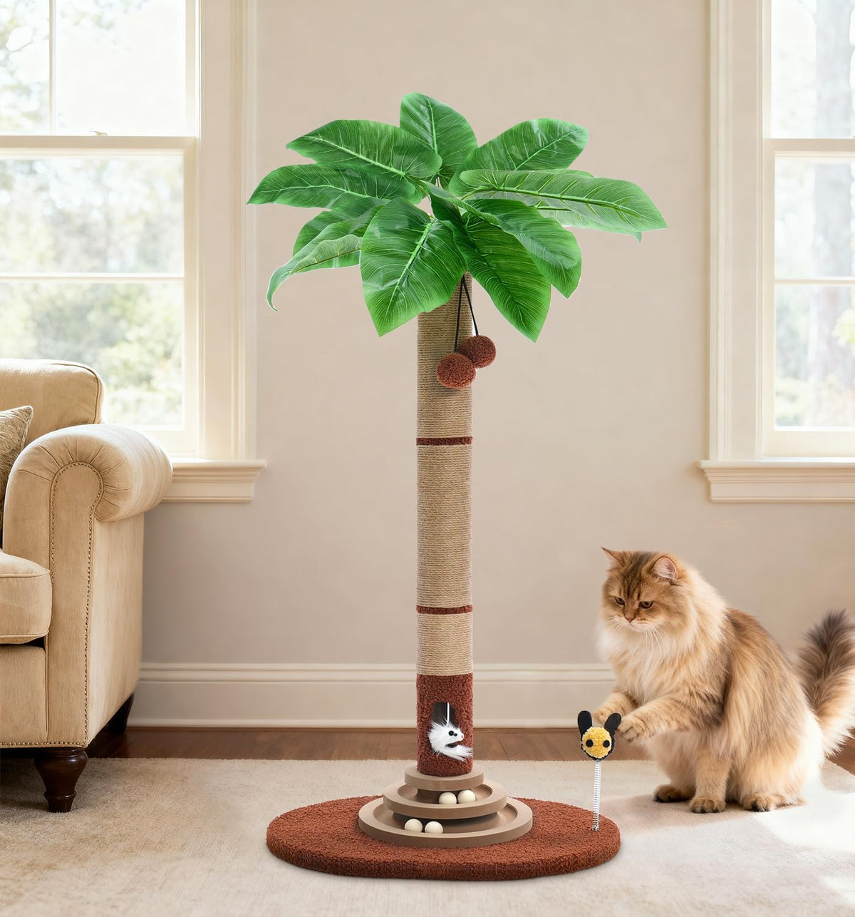 35" Tall Cat Scratching Post with Sisal Rope, Interactive Hanging Balls, Toy Mouse and Two-Layer Ball Track Cat Toys, Palm Tree Cat Scratcher Tower for Indoor Cats and Kittens