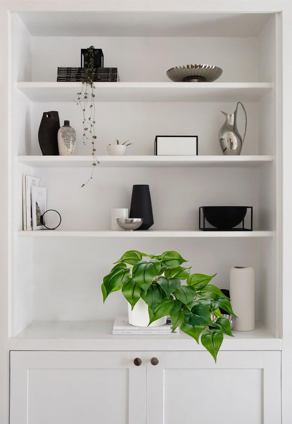 Artificial Plants Potted Alocasia Amazonica Polly Faux Plant with White Ceramic Pot Fake Hanging Plants Indoor for Home Living Room Shelf Office Aesthetic Decor