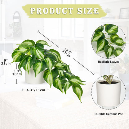 Artificial Plants Potted Alocasia Amazonica Polly Faux Plant with White Ceramic Pot Fake Hanging Plants Indoor for Home Living Room Shelf Office Aesthetic Decor