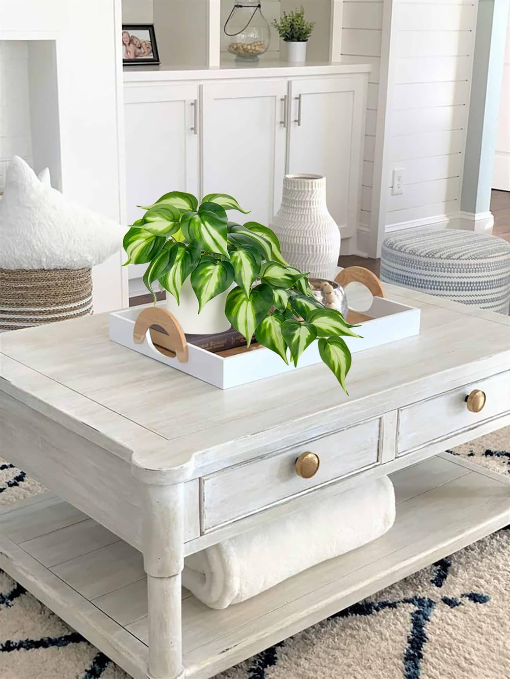 Artificial Plants Potted Alocasia Amazonica Polly Faux Plant with White Ceramic Pot Fake Hanging Plants Indoor for Home Living Room Shelf Office Aesthetic Decor