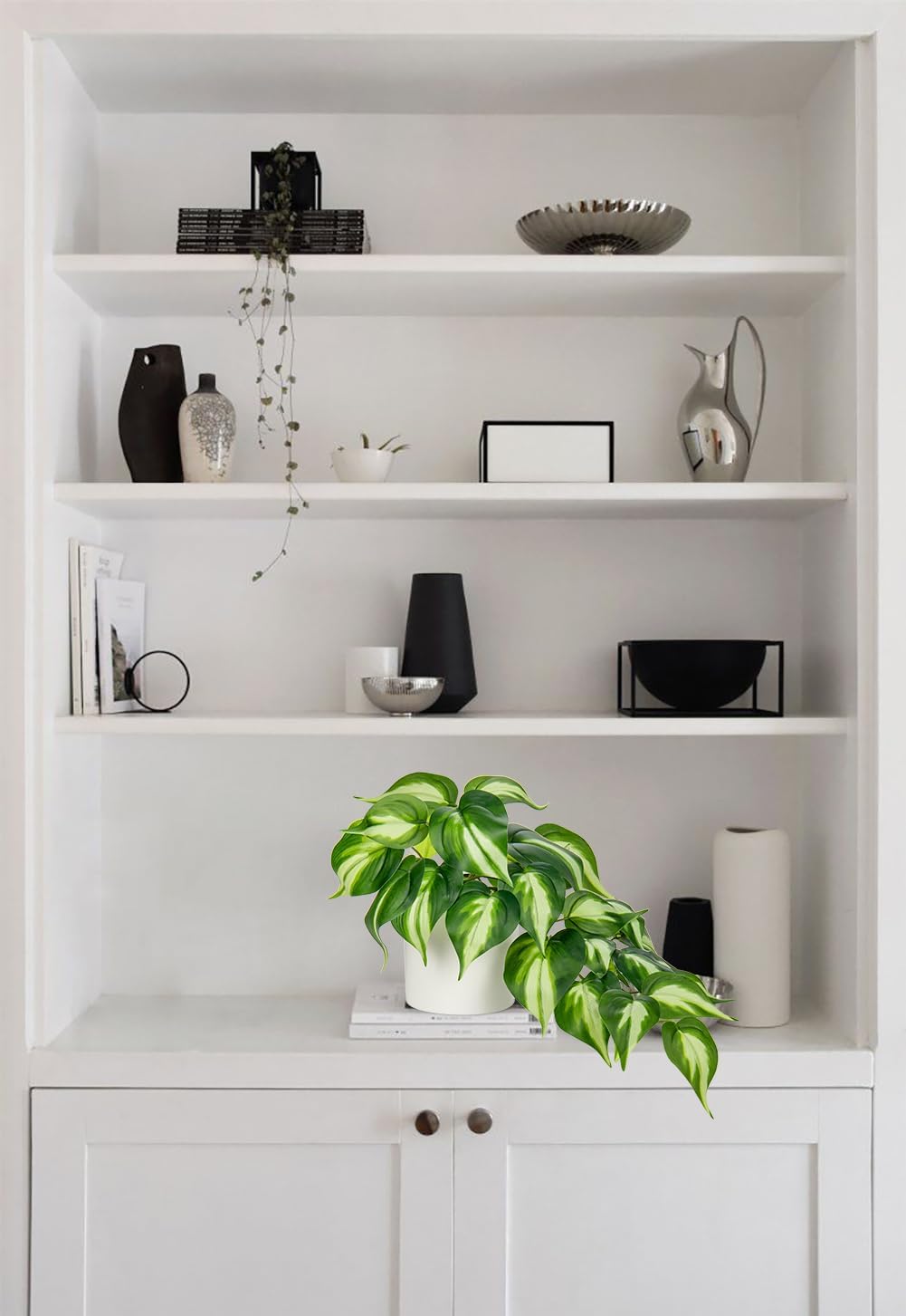 Artificial Plants Potted Alocasia Amazonica Polly Faux Plant with White Ceramic Pot Fake Hanging Plants Indoor for Home Living Room Shelf Office Aesthetic Decor